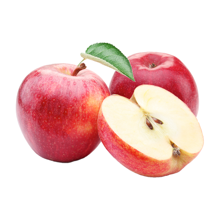 Drei rote Äpfel, einer davon halbiert, mit einem grünen Blatt.