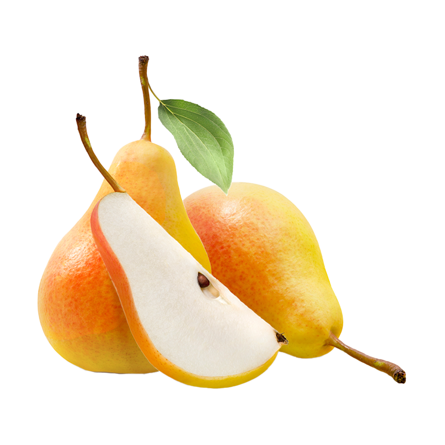 Drei süße, reife Birnen mit einem Blatt liegen auf weißem Hintergrund.