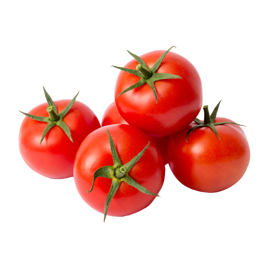 Haufen frischer, roter Tomaten mit grünen Stielen auf weißem Hintergrund.