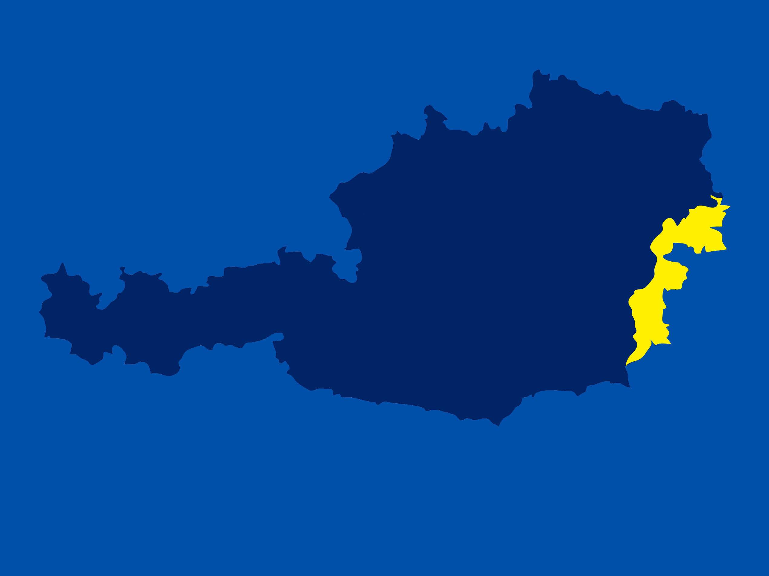 Karte von Österreich mit hervorgehobenem Bundesland Burgenland.