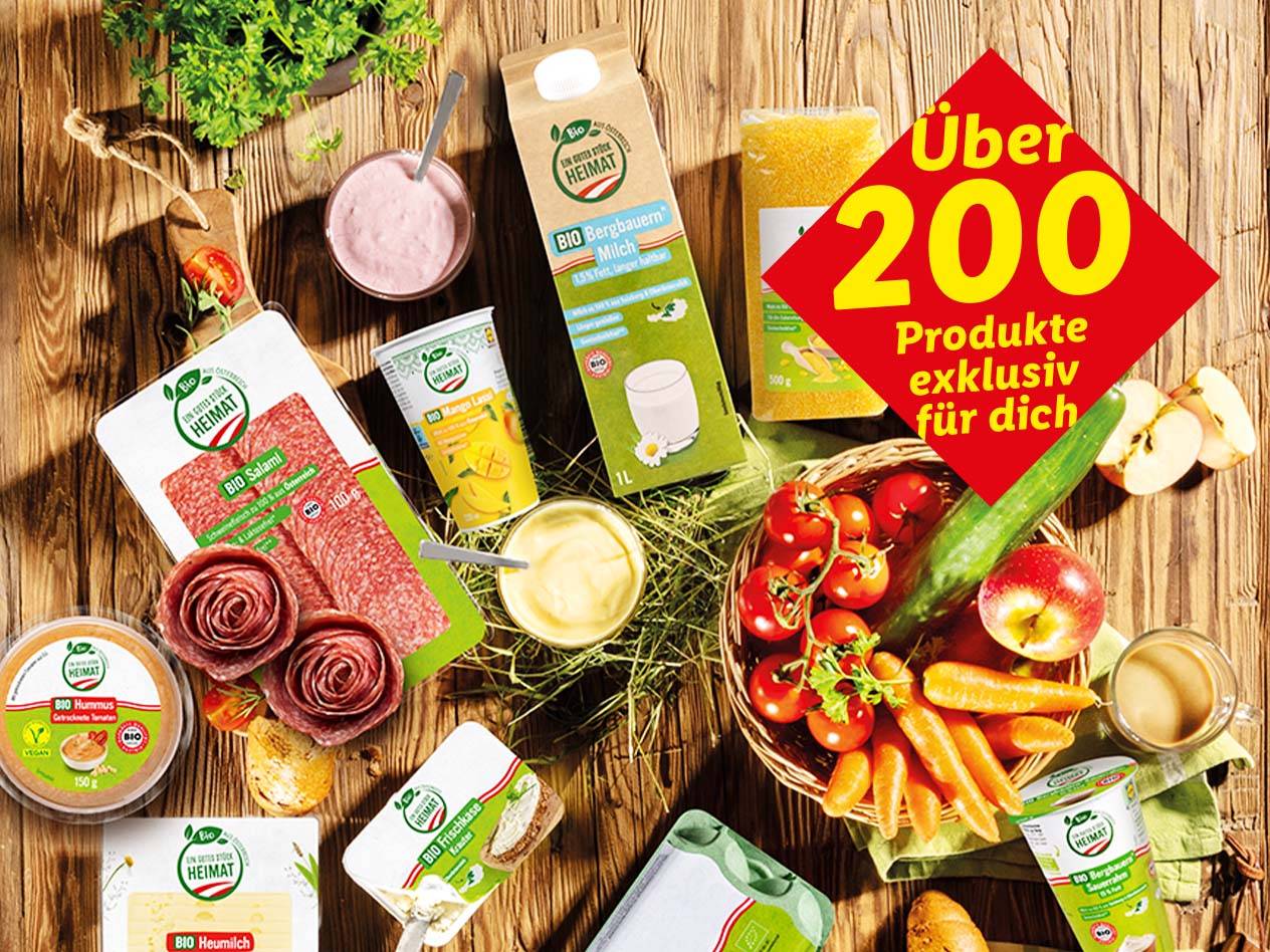 Ein gutes Stück Heimat Bio-Produkte: Über 200 exklusive Artikel, darunter Milch, Salami, Käse und Gemüse.