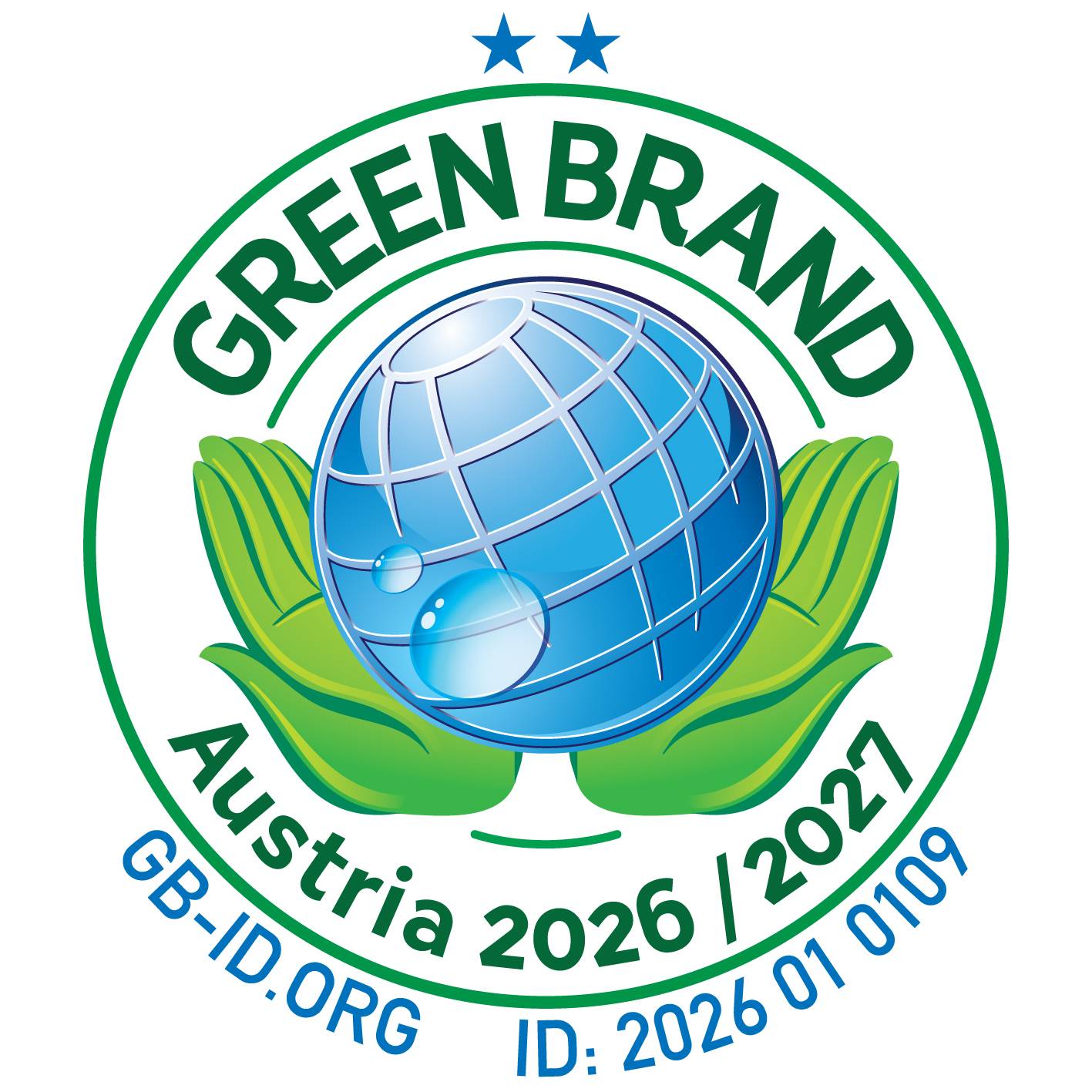 Grünes Brand-Siegel mit Händen, die einen Globus halten, und der Aufschrift „Austria 2026/2027“.