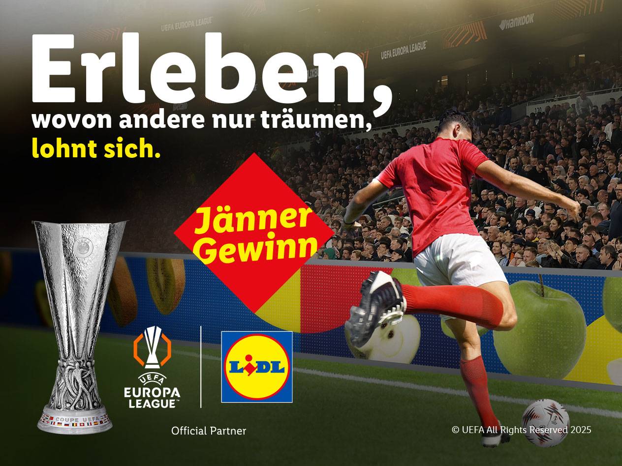 UEFA Europa League Pokal, Fußballspieler und Lidl-Logo mit dem Text „Jänner Gewinn“.