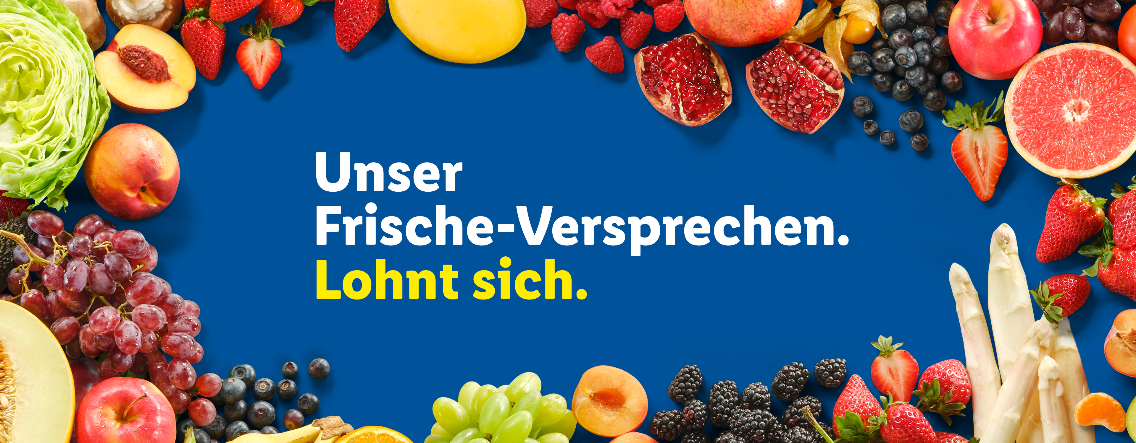 Frisches Obst und Gemüse umrahmen den Text 'Unser Frische-Versprechen. Lohnt sich.'