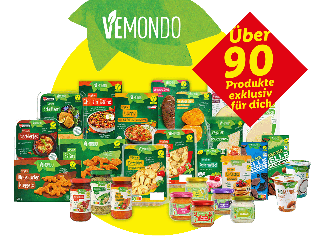 Eine Auswahl an veganen VEMOND-Produkten, darunter Fertiggerichte, Nuggets, Saucen und Desserts, mit dem Hinweis auf über 90 exklusive Produkte.