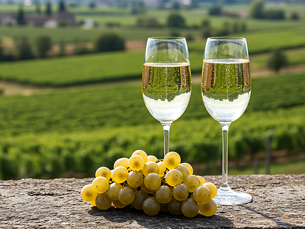 Zwei Gläser Sekt und eine Traube auf einer Steinmauer vor einem Weinberg.