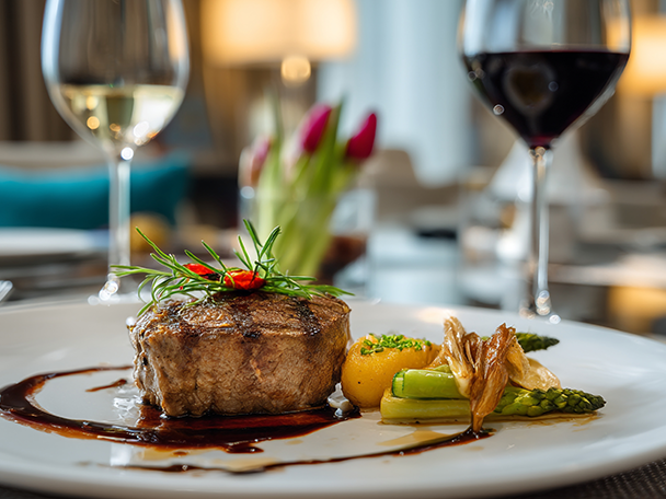 Gegrilltes Steak mit Spargel, Kartoffeln und Rotwein in einem Restaurant.