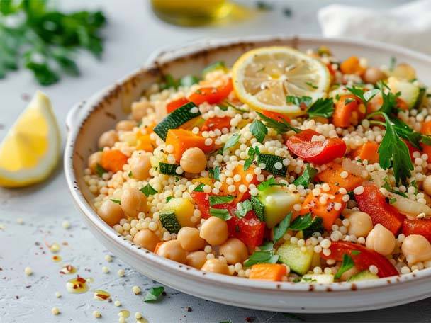Eine Schüssel mit Couscous-Salat, Kichererbsen, Gemüse und Zitrone.
