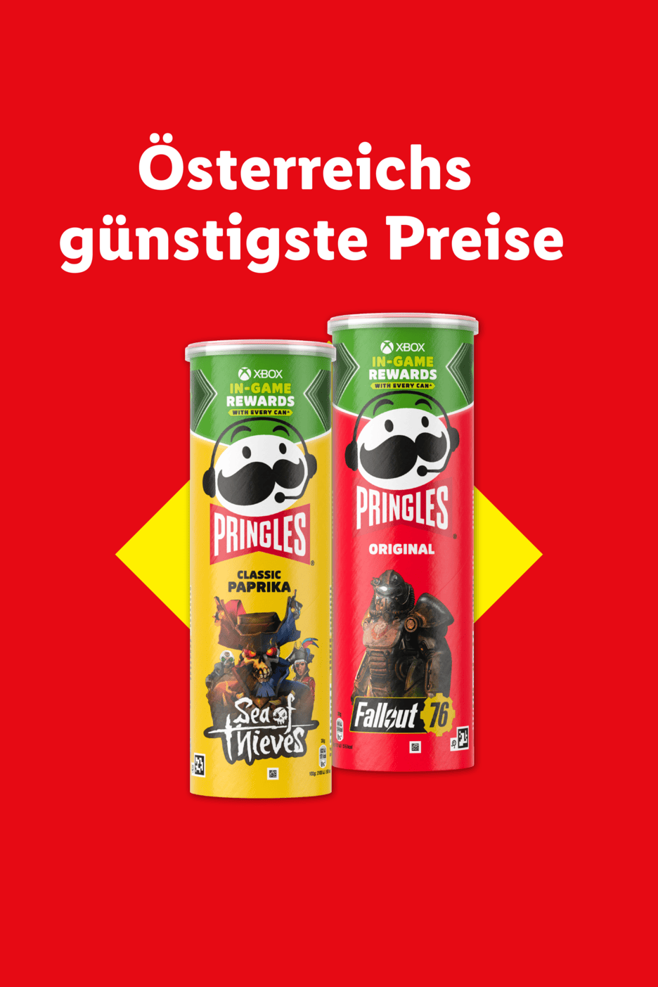 Zwei Pringles-Dosen mit Xbox In-Game Rewards und dem Text „Österreichs günstigste Preise“.