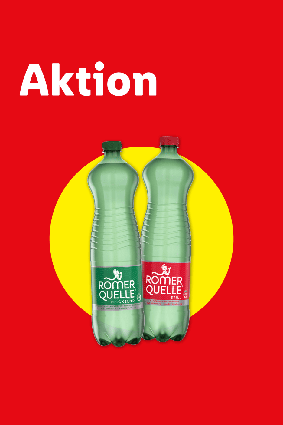 Aktionsangebot: Zwei Flaschen Mineralwasser, eine prickelnd und eine still, auf rotem Hintergrund.