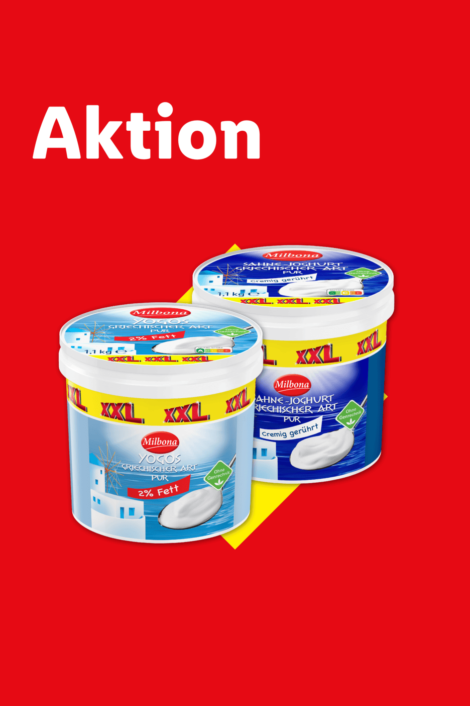 Aktion: Zwei XXL-Becher griechischer Joghurt, einer mit 2% Fett, der andere cremig gerührt.