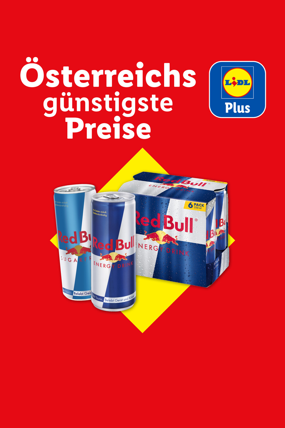 Red Bull Energy Drinks und Sugarfree Dosen im 6er-Pack, beworben als 'Österreichs günstigste Preise' bei Lidl Plus.