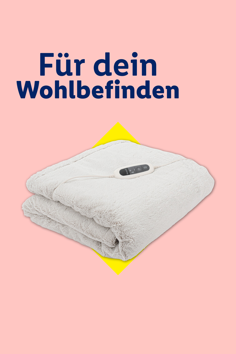 Graue, flauschige Heizdecke mit Fernbedienung auf rosa und gelbem Hintergrund.