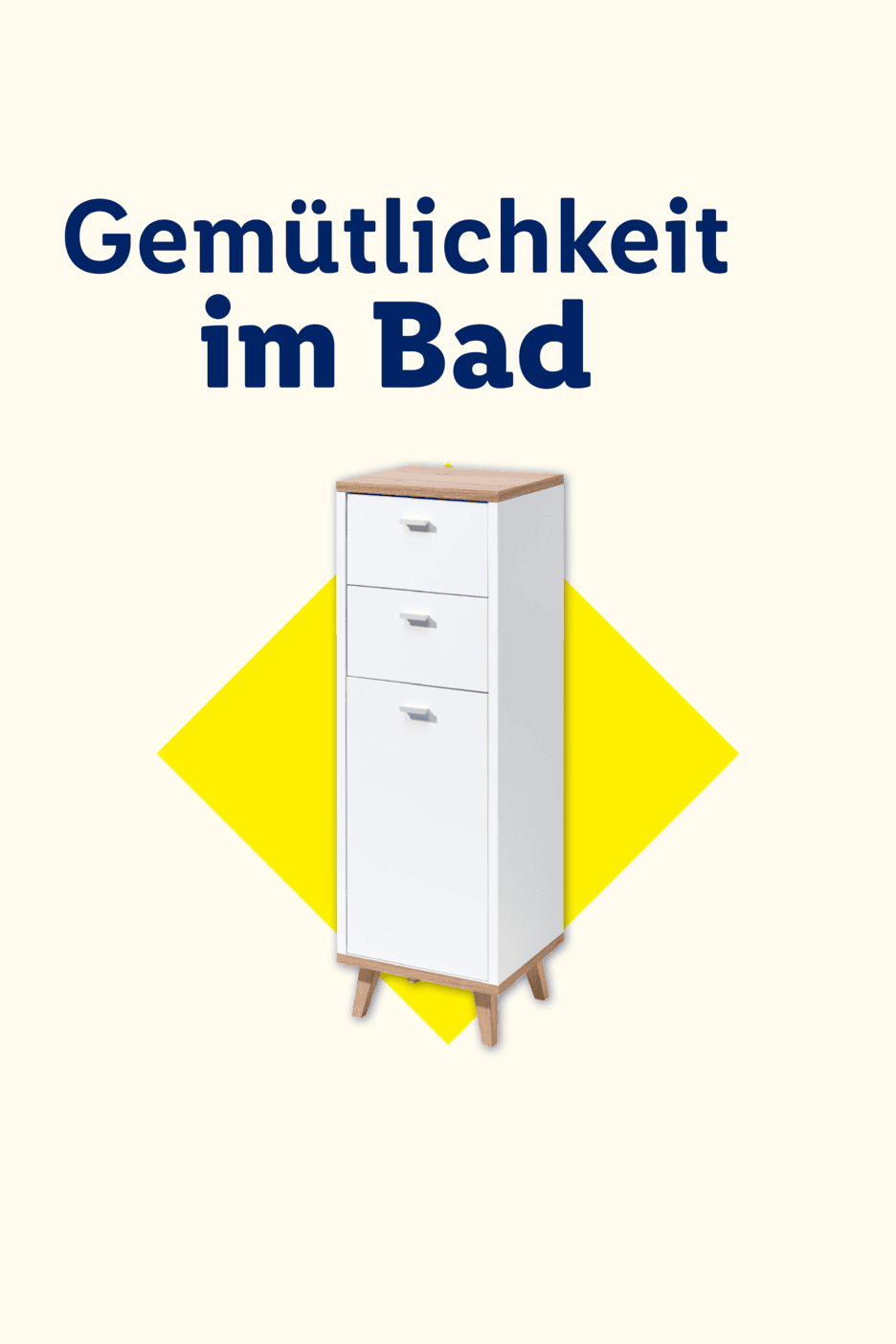 Weißer Badschrank mit Holzplatte und drei Schubladen vor gelbem Hintergrund, Text: Gemütlichkeit im Bad.