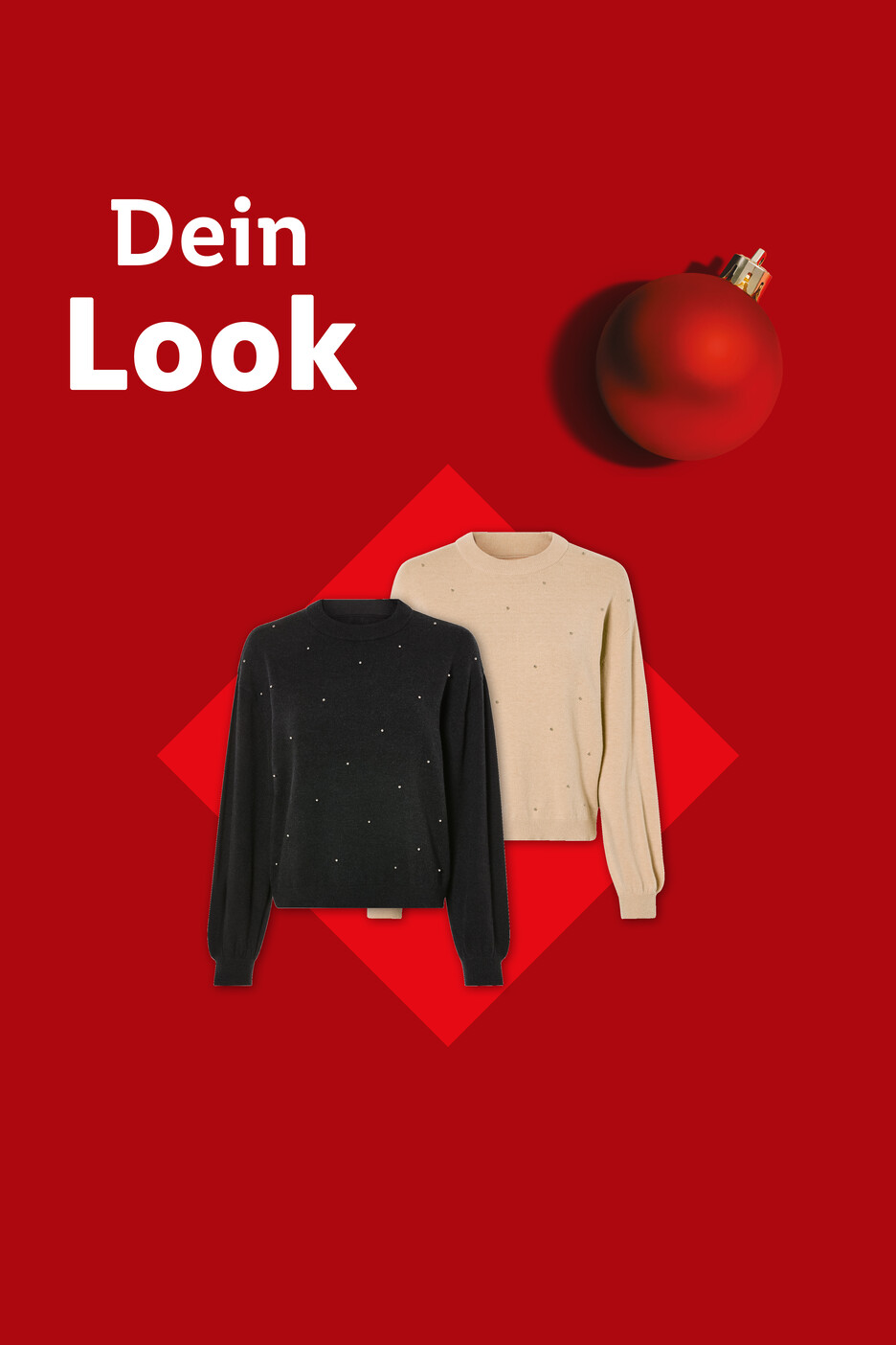 Zwei Pullover mit Glitzersteinen, einer schwarz und einer beige, auf rotem Hintergrund.