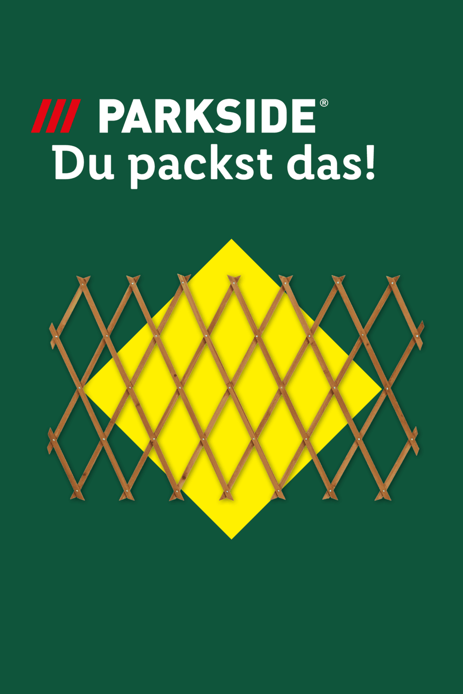 Holzrankgitter auf gelbem Hintergrund mit dem Text 'Du packst das!'