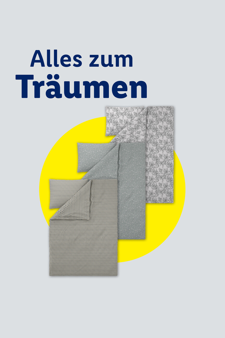 Drei Bettwäsche-Sets in Grau und Weiß mit verschiedenen Mustern auf gelbem Hintergrund.