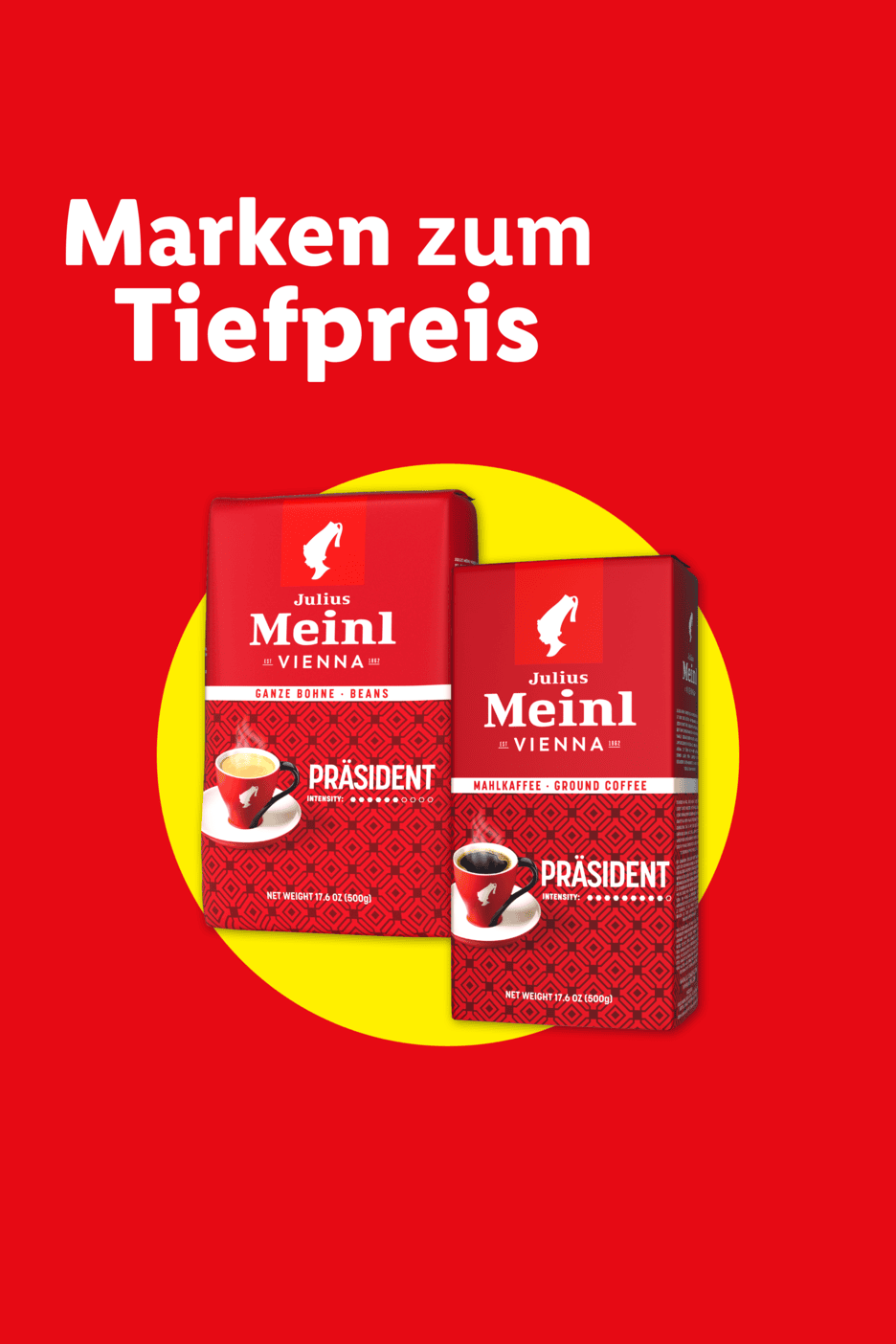 Kaffeepackungen mit der Aufschrift „Marken zum Tiefpreis“ auf rotem Hintergrund.