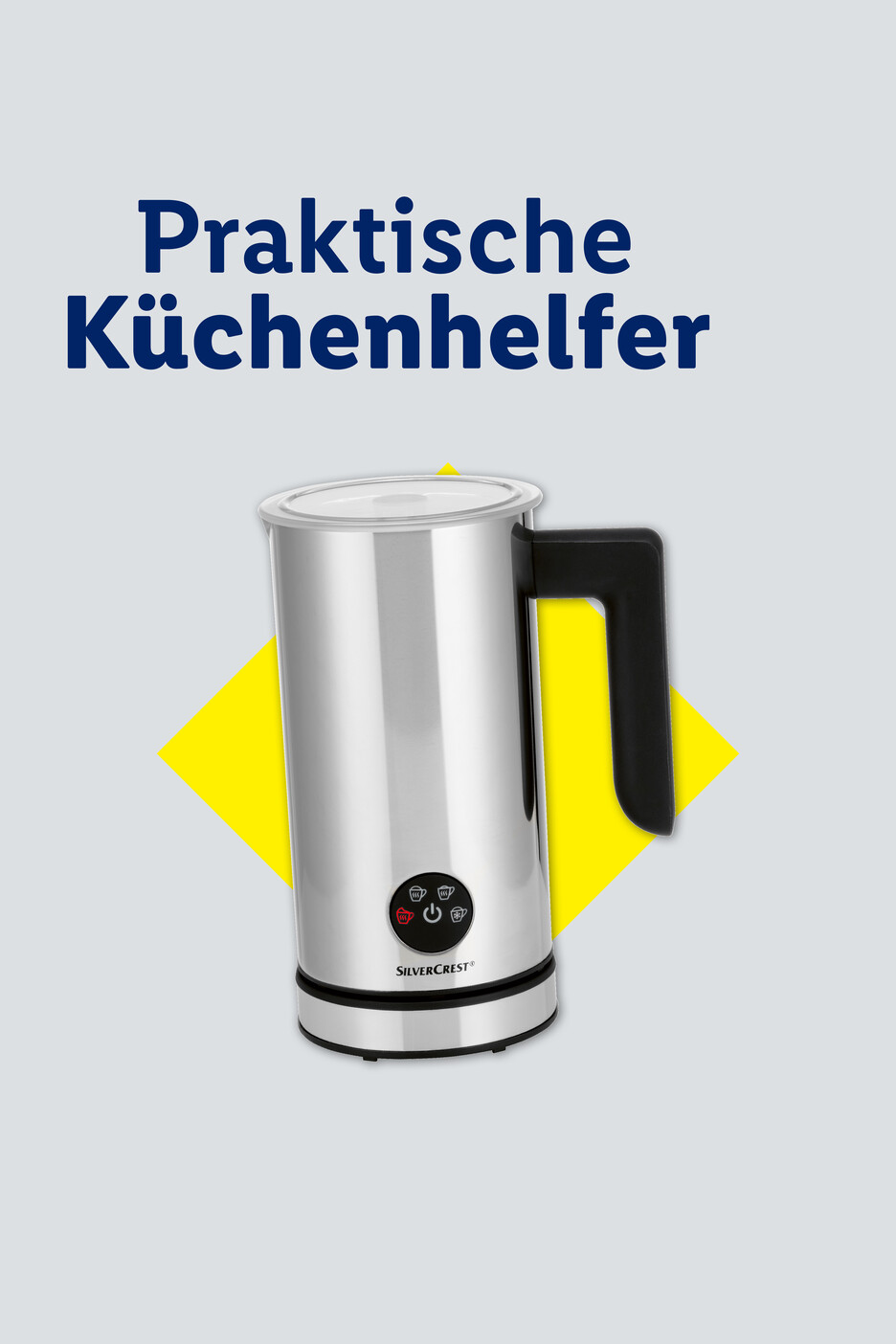 Silberner Milchaufschäumer mit schwarzem Griff und Bedienfeld, vor gelbem Quadrat auf grauem Hintergrund, mit Text 'Praktische Küchenhelfer'.