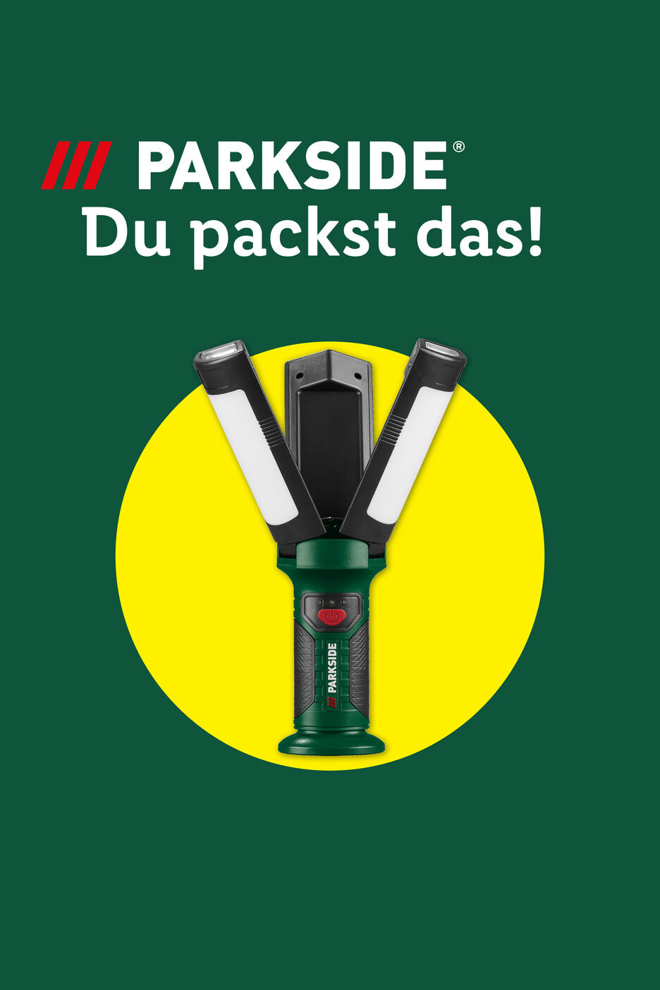 Parkside Logo und Slogan „Du packst das!“ über einer Parkside Arbeitsleuchte auf gelbem Kreis.