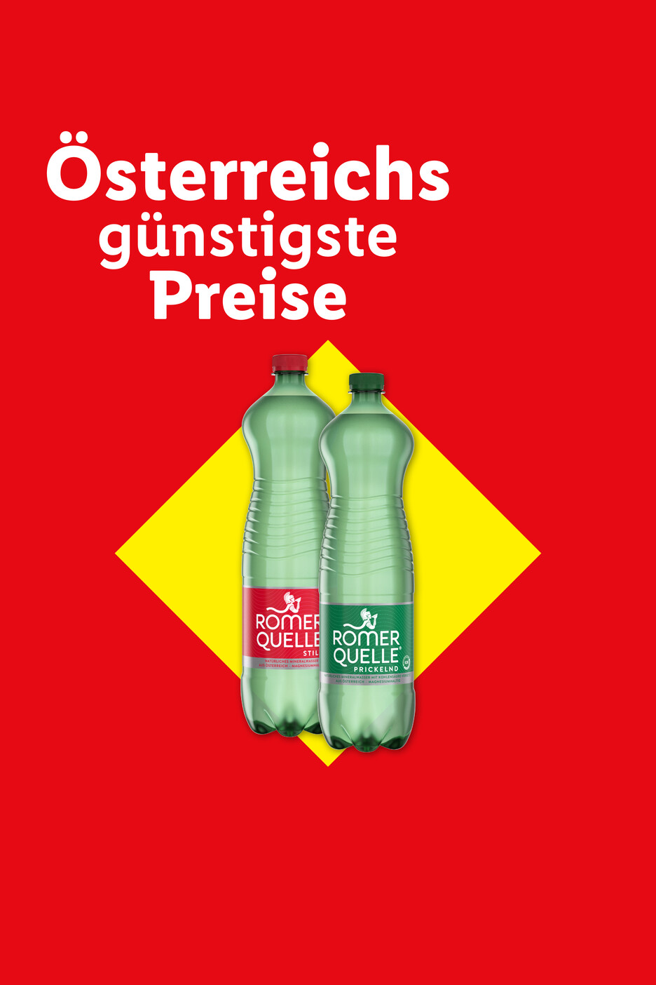 Zwei Flaschen Römerquelle Mineralwasser, still und prickelnd, vor rotem und gelbem Hintergrund.