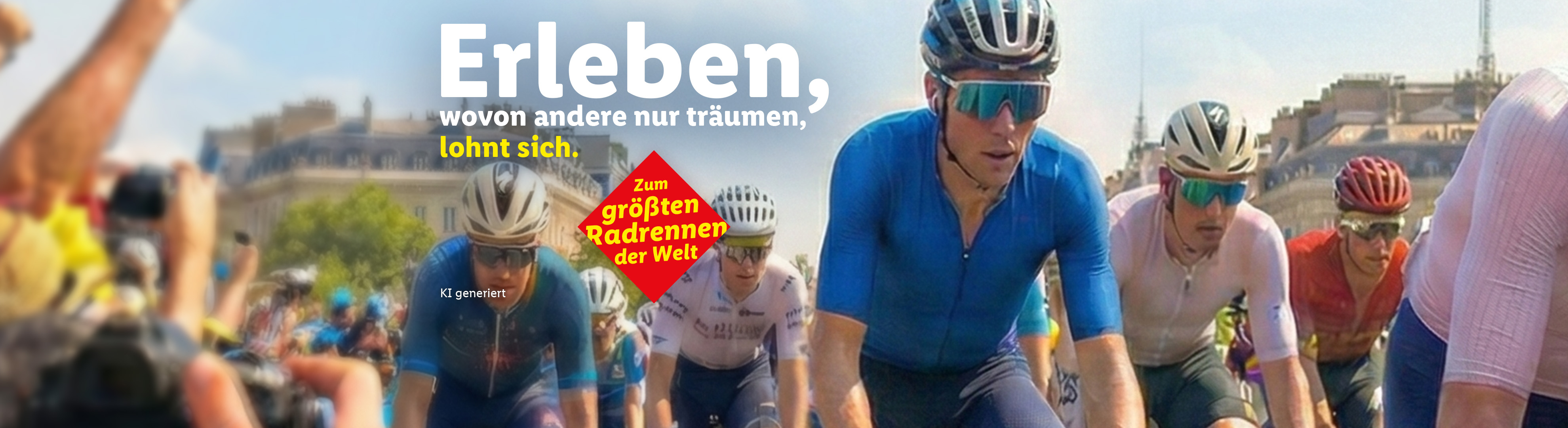 Radfahrer in einem Rennen mit Text 'Erleben, wovon andere nur träumen, lohnt sich. Zum größten Radrennen der Welt'