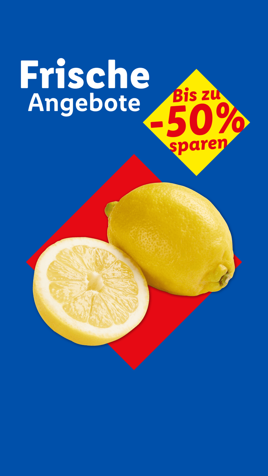 Frische Angebote: Zitrone und Zitronenhälfte auf blauem Hintergrund mit rotem und gelbem Rabattschild bis zu -50% sparen.