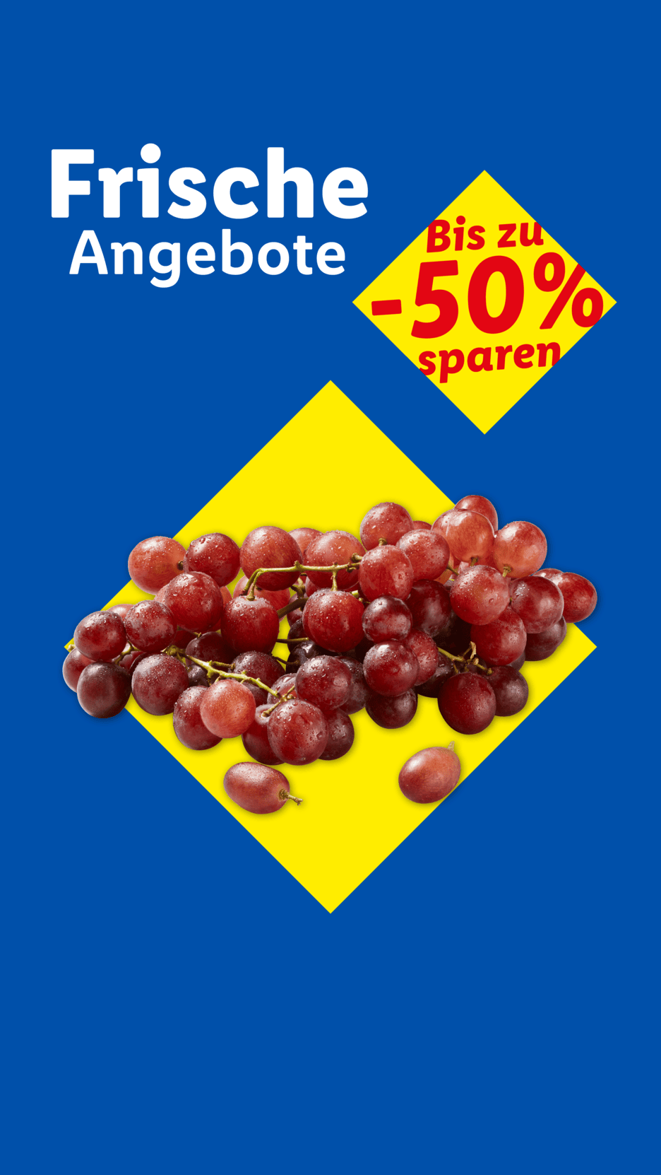 Frische Angebote: Rote Trauben mit bis zu 50% Rabatt auf blauem Hintergrund.