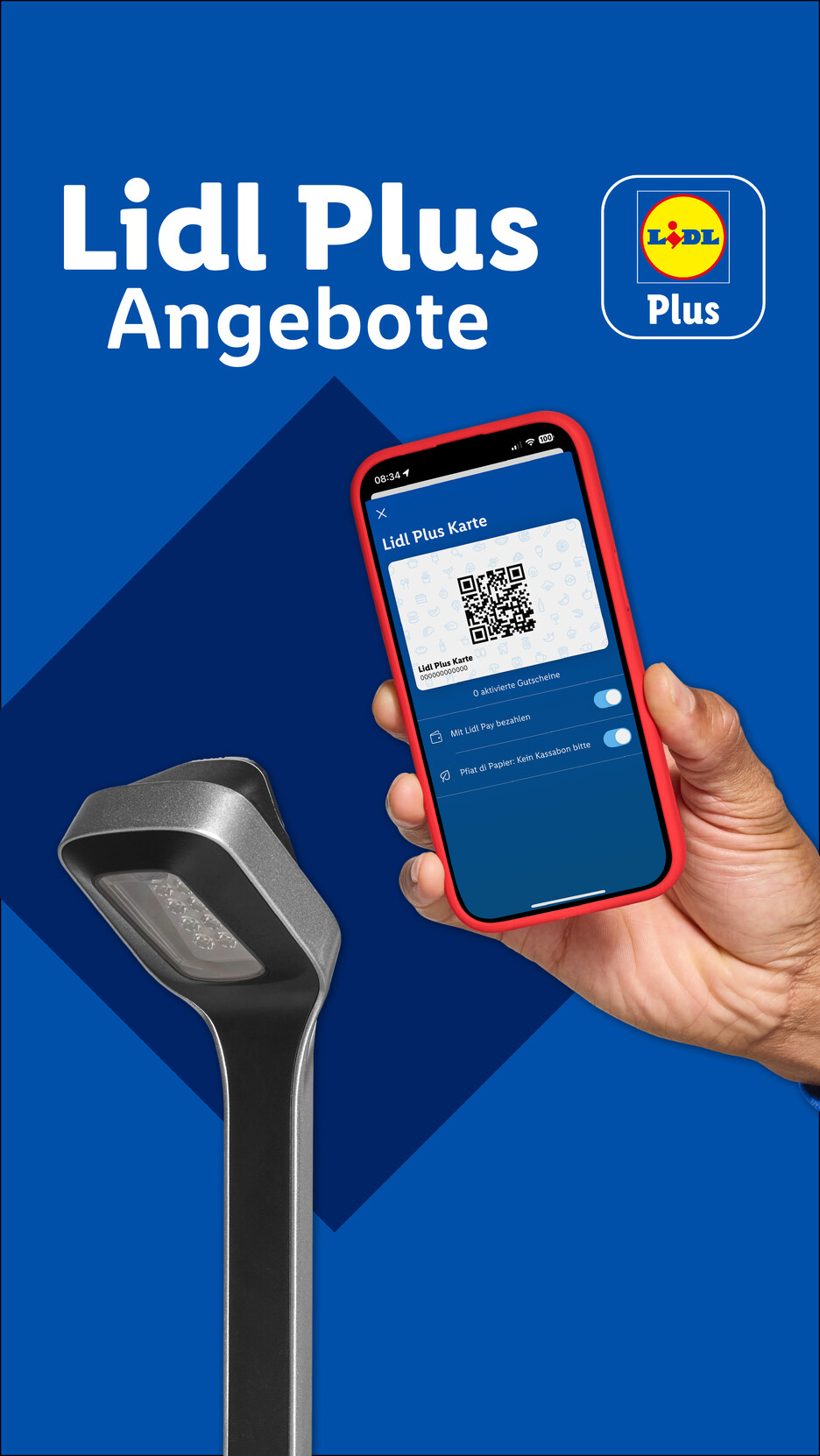 Lidl Plus App auf Smartphone mit QR-Code und einer modernen Lampe.