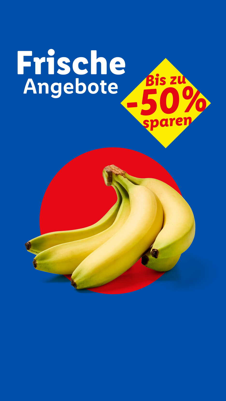 Eine Bananenstaude vor einem roten Kreis auf blauem Hintergrund.