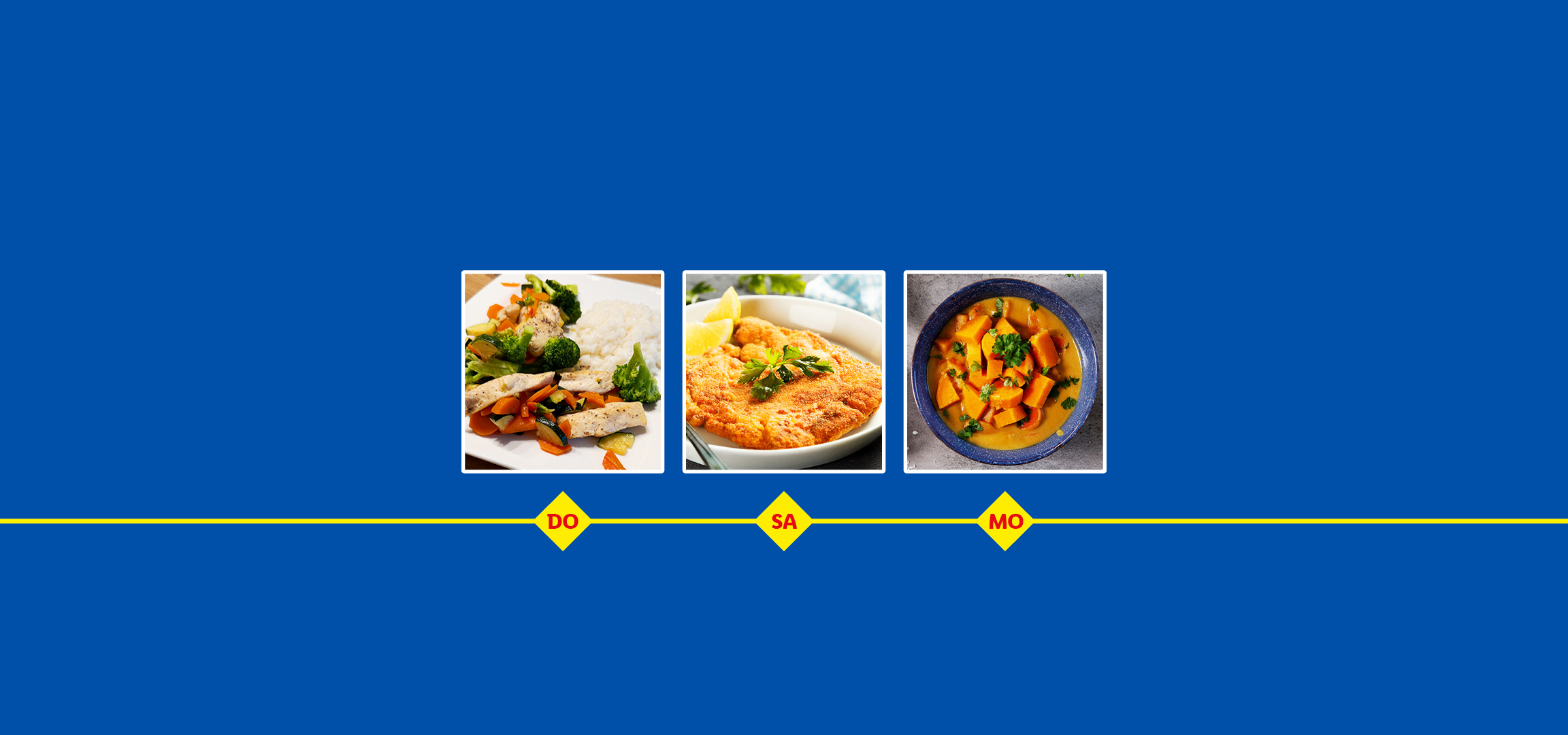 Drei Gerichte: Hähnchen mit Reis und Gemüse, paniertes Schnitzel und Kürbiscurry, mit Wochentagen DO, SA, MO.