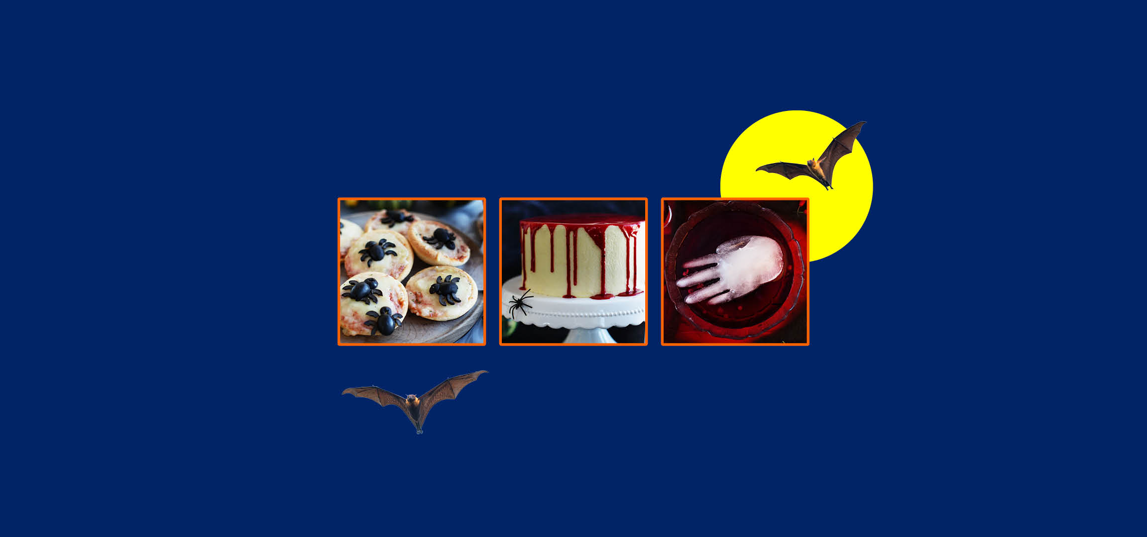 Halloween-Snacks: Spinnen-Pizzen, blutiger Kuchen und eine Hand in Bowle, mit Fledermäusen und Mond.