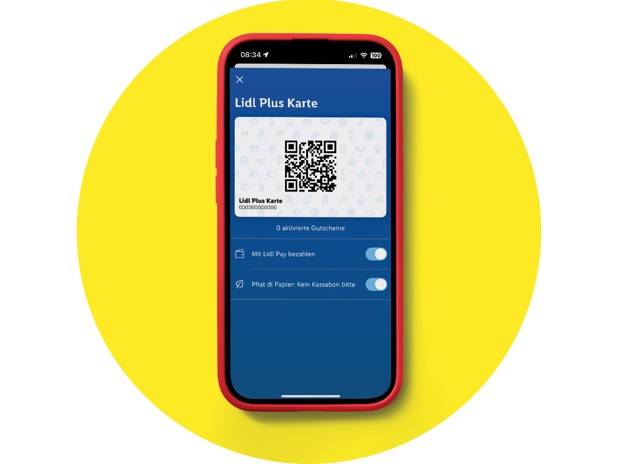 Handyscreen zeigt eine Lidl Plus-Karte an. Diese kann an der Kassa gescannt werden, um noch mehr zu sparen.