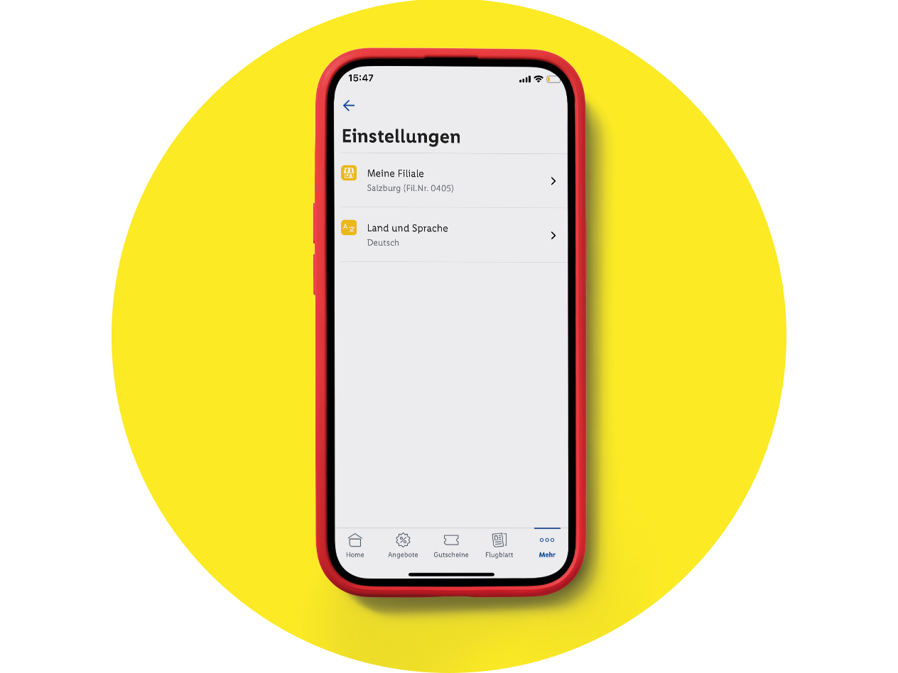 Handyscreen mit den Einstellungsoptionen für Land und Sprache