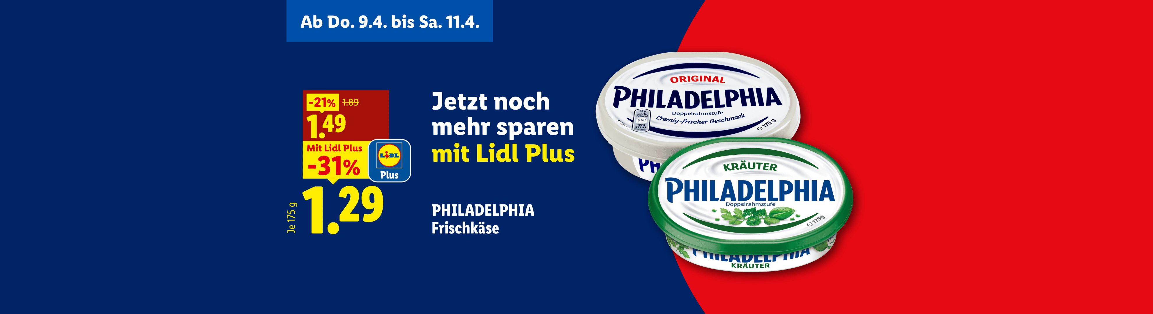 Philadelphia Frischkäse im Angebot, ab Donnerstag, 9.4. bis Samstag, 11.4., mit Lidl Plus Rabatt.