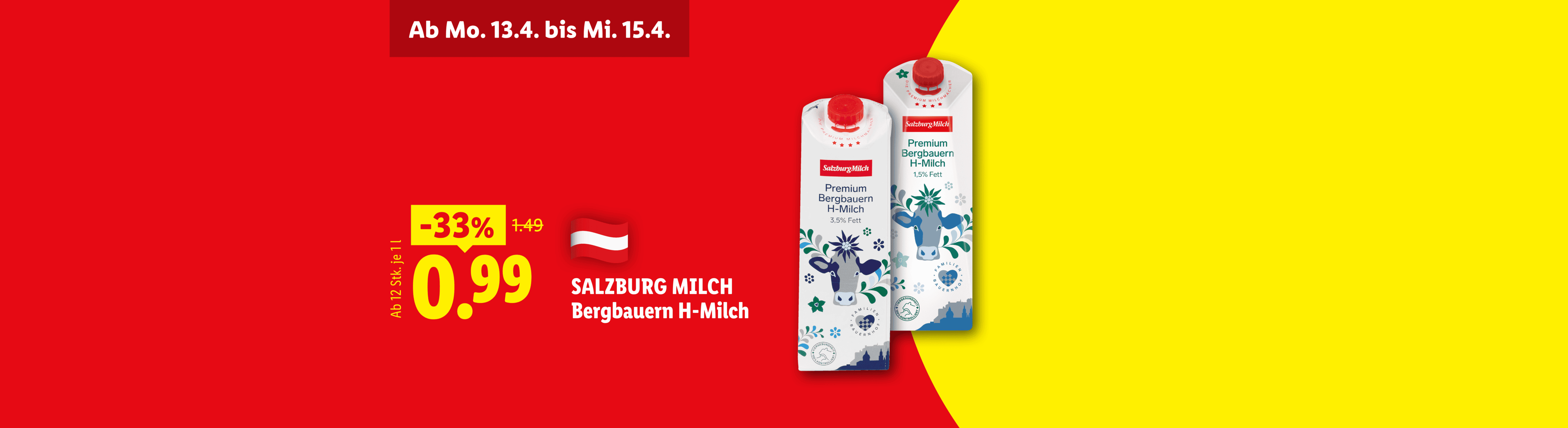 Zwei Packungen Premium Bergbauern H-Milch mit 33% Rabatt, jetzt 0,99 statt 1,49 Euro.