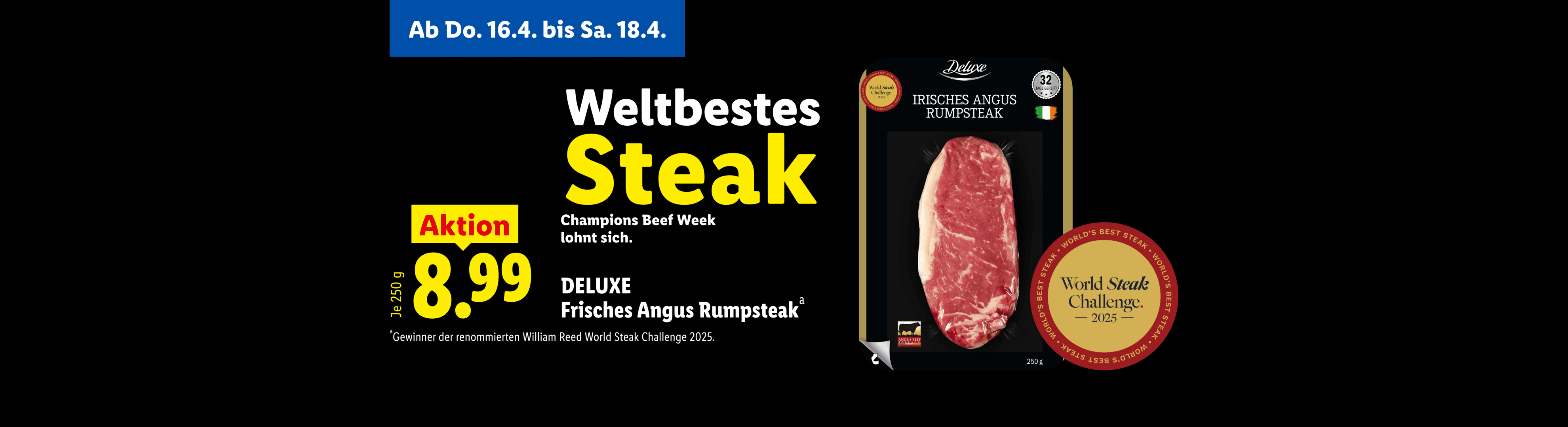 Werbung für Rumpsteak mit dem Titel „Weltbestes Steak“ und einem Preis von 8,99 €.