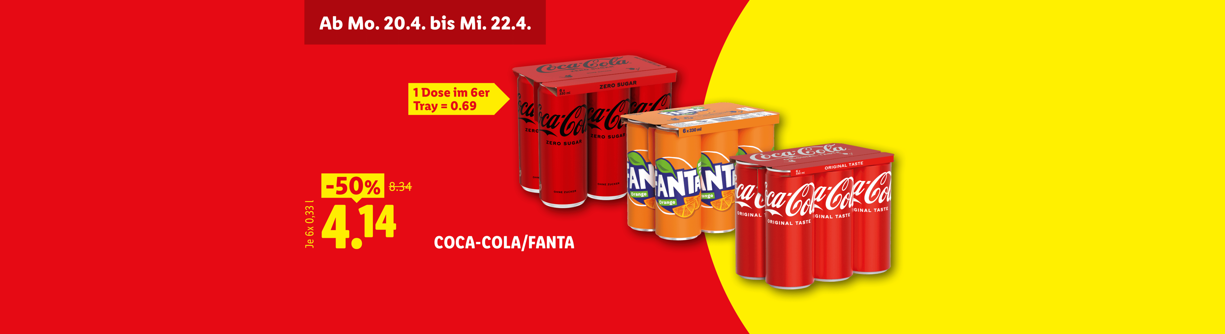 Sechserpacks Erfrischungsgetränke in Dosen, beworben mit einem Rabatt von 50%.