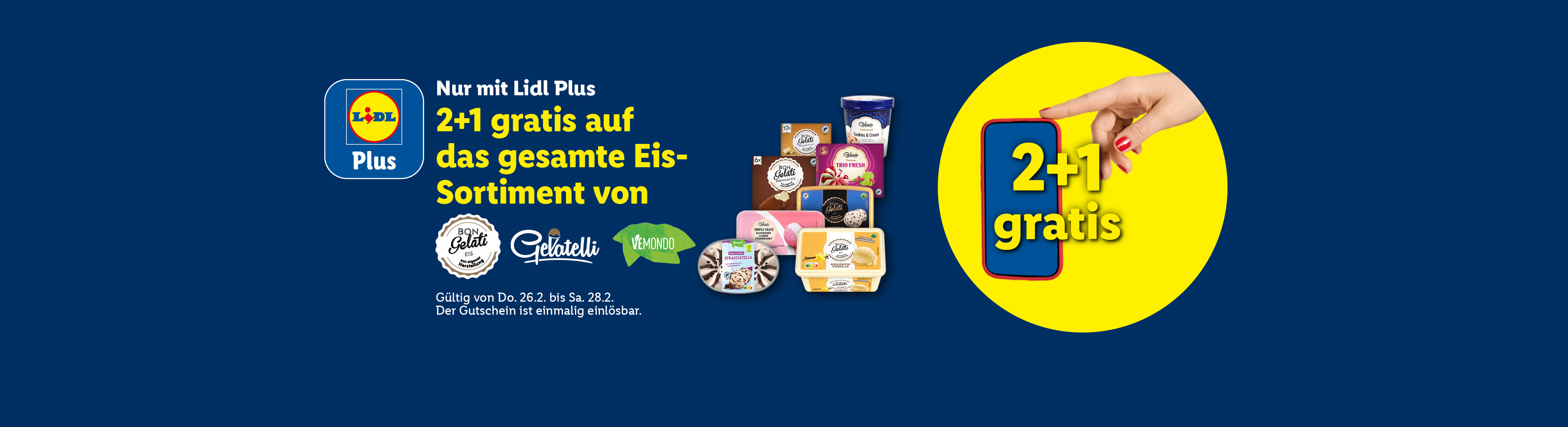 Lidl Plus Angebot: 2+1 gratis auf das gesamte Eissortiment, gültig vom 26.2. bis 28.2.