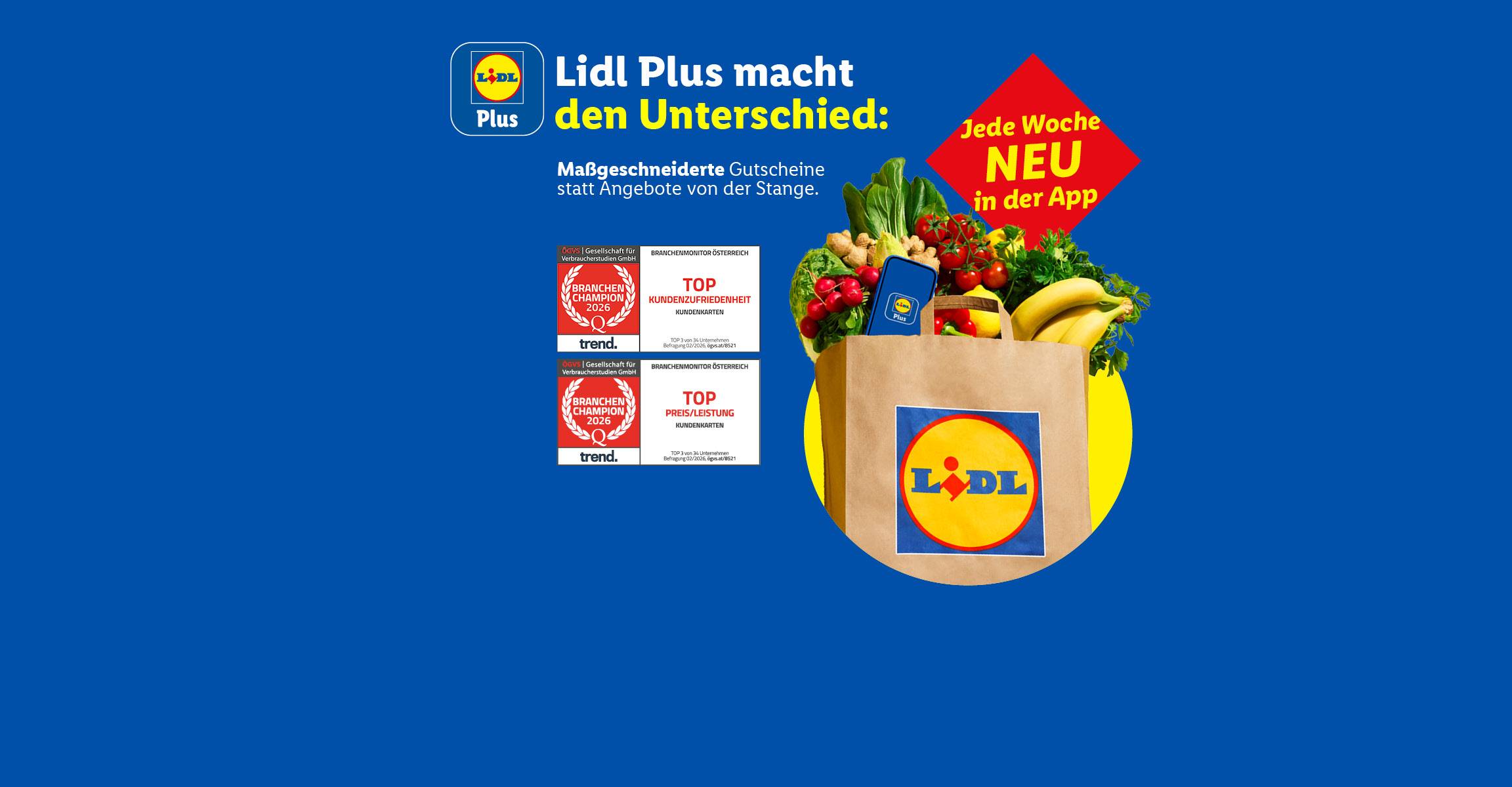 Lidl Plus macht den Unterschied: Maßgeschneiderte Gutscheine statt Angebote von der Stange. Jede Woche NEU in der App. Eine Einkaufstasche voller frischer Lebensmittel.