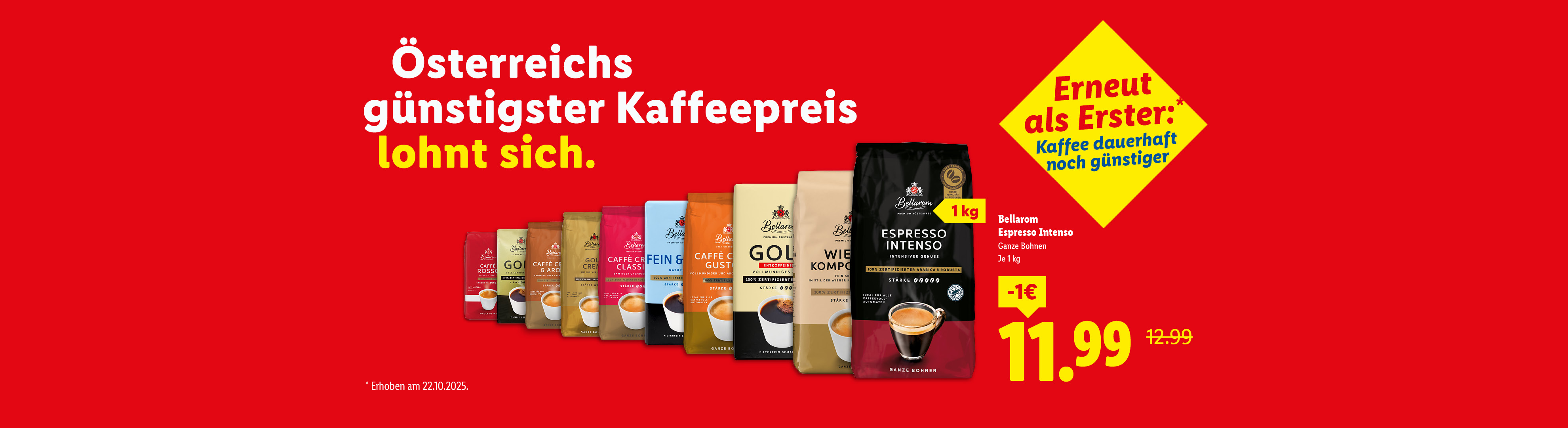 Bellarom Kaffeeangebot: Espresso Intenso 1kg für 11,99€, weitere Kaffeesorten im Hintergrund.