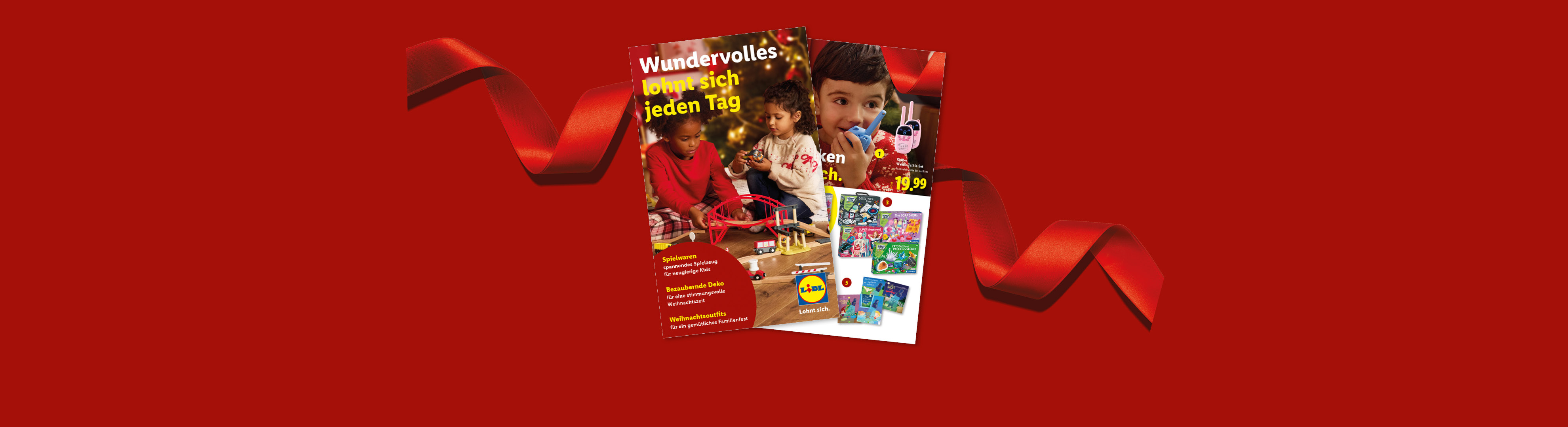 Lidl Weihnachtsprospekt mit Spielzeug, Deko und Weihnachtsoutfits für Kinder.