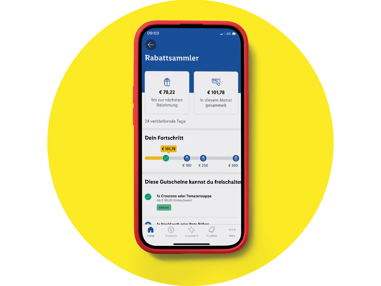 Handyscreen zeigt einen Rabattsammler von Lidl Plus an