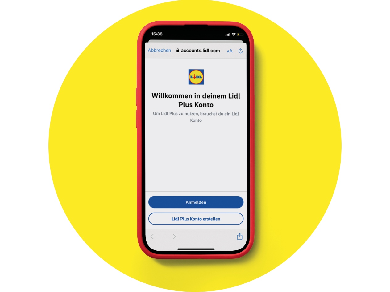 Handyscreen zeigt die Startseite von der Lidl Plus App an, auf der man sich als Benutzer registrieren kann.
