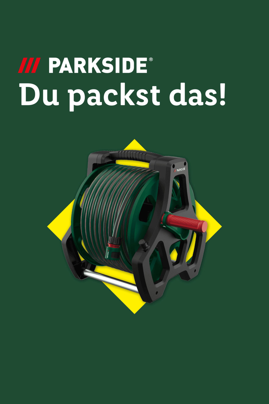 Gartenschlauchwagen mit Schlauch auf gelbem Quadrat, Text: Du packst das!