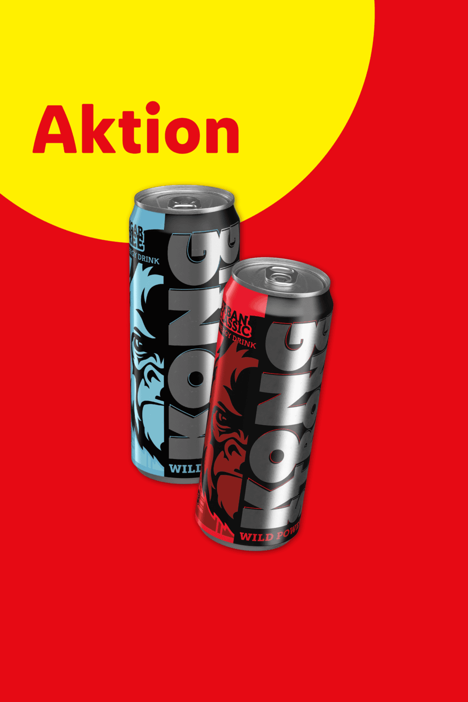 Zwei Energydrinks in Dosen, eine blau, eine rot, vor gelbem und rotem Hintergrund mit „Aktion“.