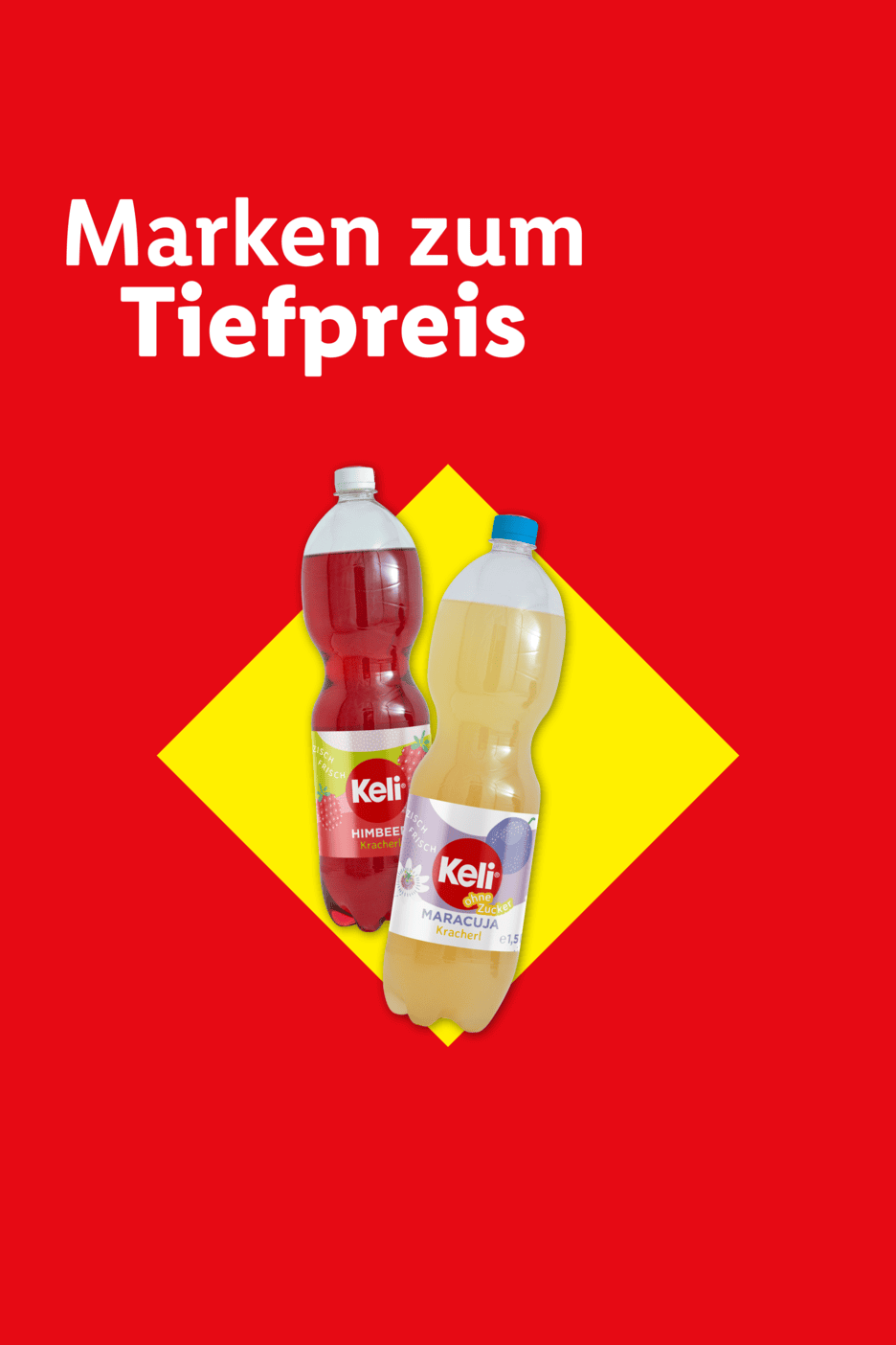 Zwei Flaschen Limonade auf gelbem Hintergrund mit dem Text 'Marken zum Tiefpreis'.