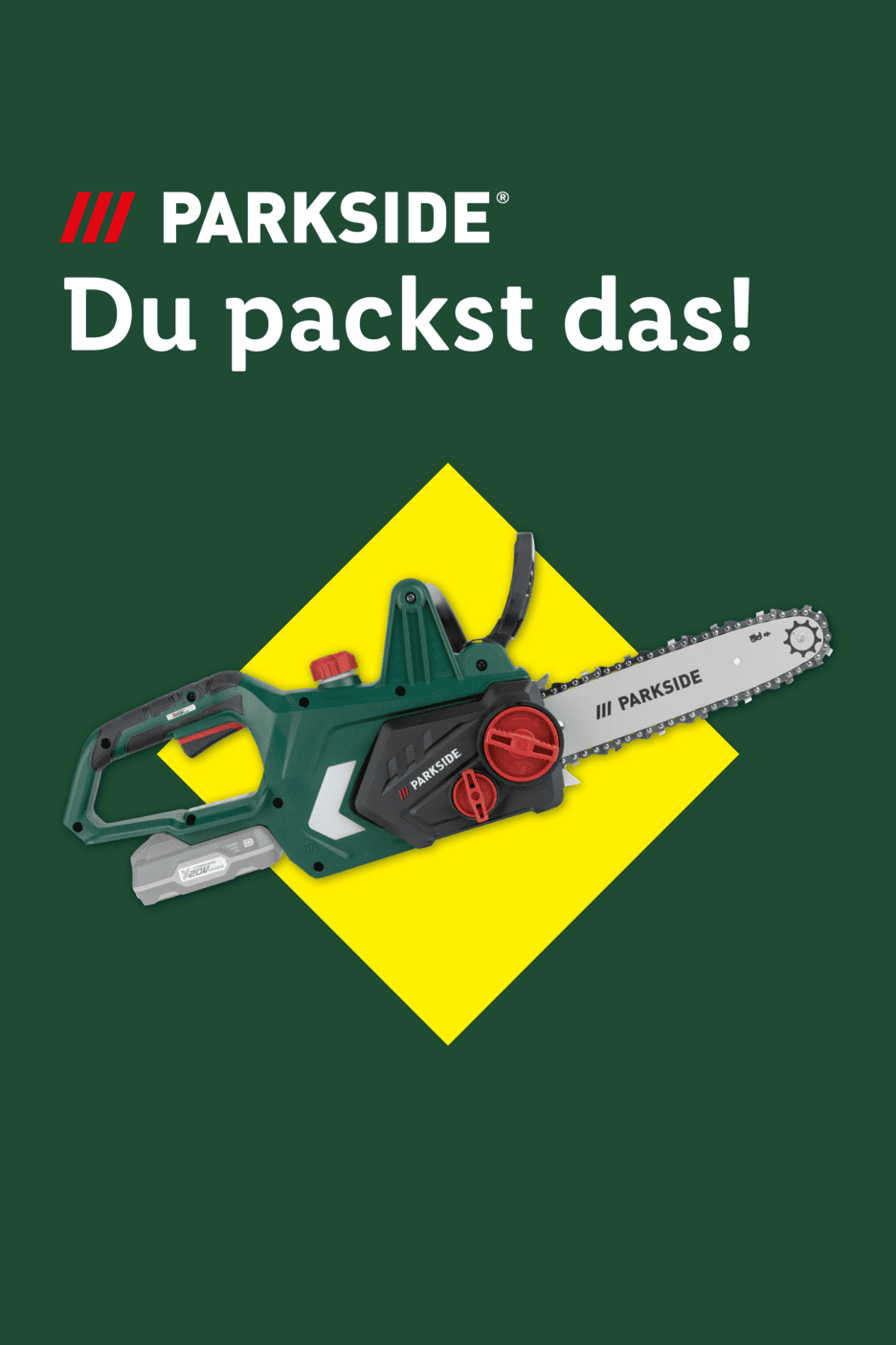 Kettensäge auf gelbem Hintergrund mit dem Text „Du packst das!“
