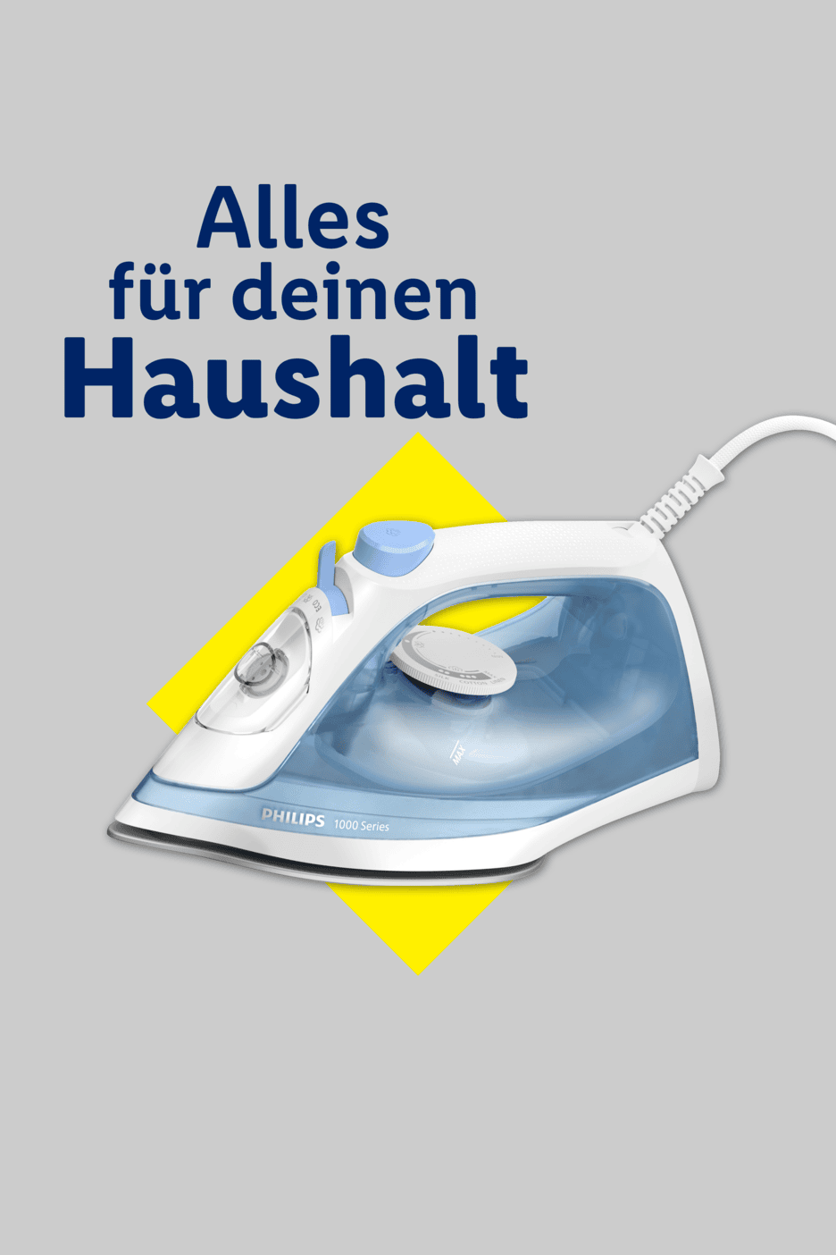 Dampfbügeleisen auf gelbem Hintergrund mit dem Text 'Alles für deinen Haushalt'.