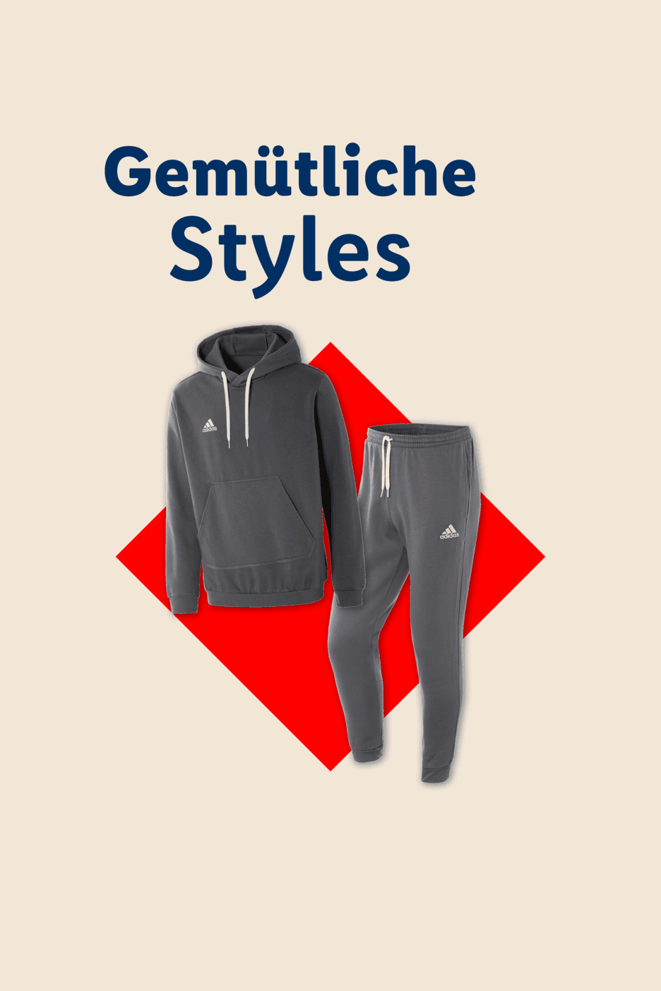 Gemütliche Styles: Ein grauer Kapuzenpullover und eine passende Jogginghose auf rotem Hintergrund.